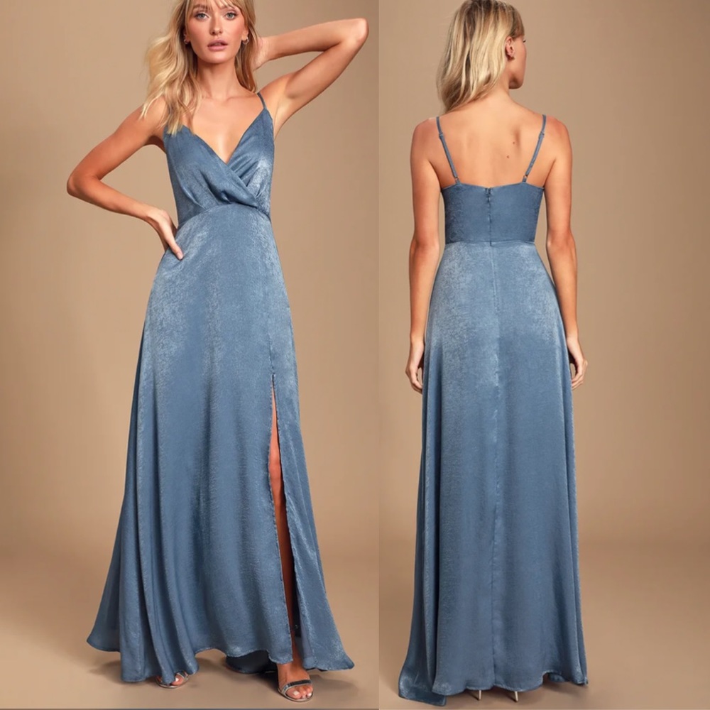Lulu’s Constantine Slate Blue Satin Maxi Dress